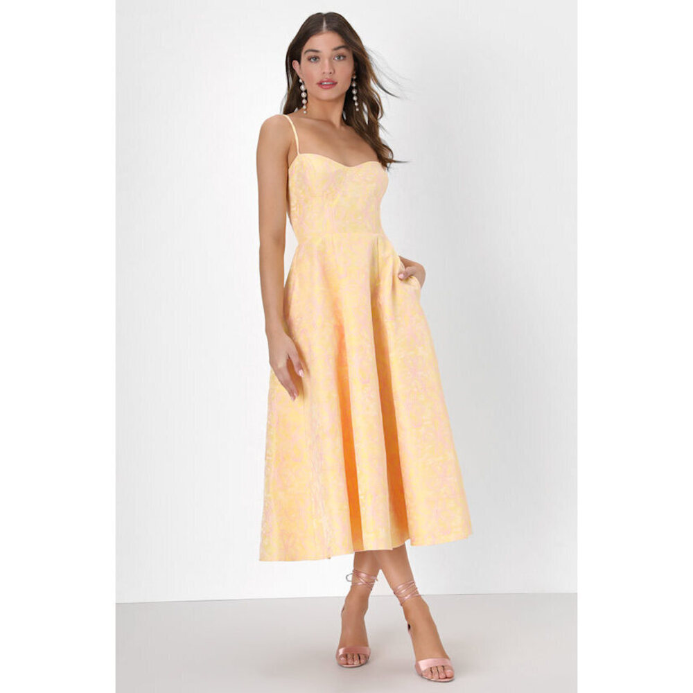Lulus Meet For Tea Yellow Jacquard Bustier Midi Dress With Pockets - Size S